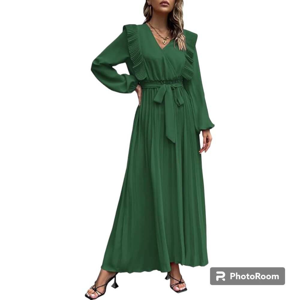 Women Elegant V Neck‎ Ruffle Long Lantern Sleeve Pleated Maxi Dress Green sz M